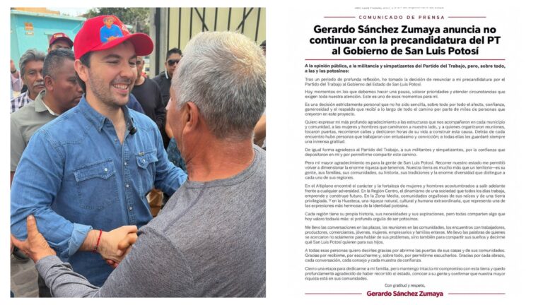 Gerardo Sánchez Zumaya desiste de la precandidatura del PT al Gobierno de San Luis Potosí rumbo a 2027