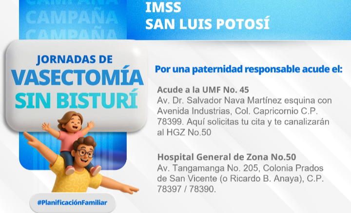 Invita IMSS San Luis Potosí a Jornada de Vasectomía sin Bisturí del 21 al 25 de septiembre